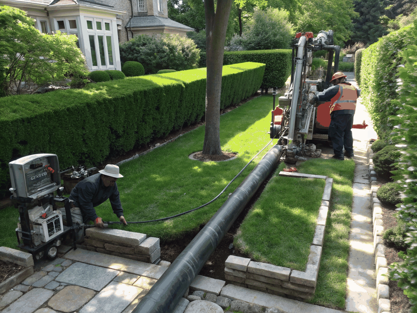 Trenchless sewer line repair and hydraulic pipe replacement equipment in use