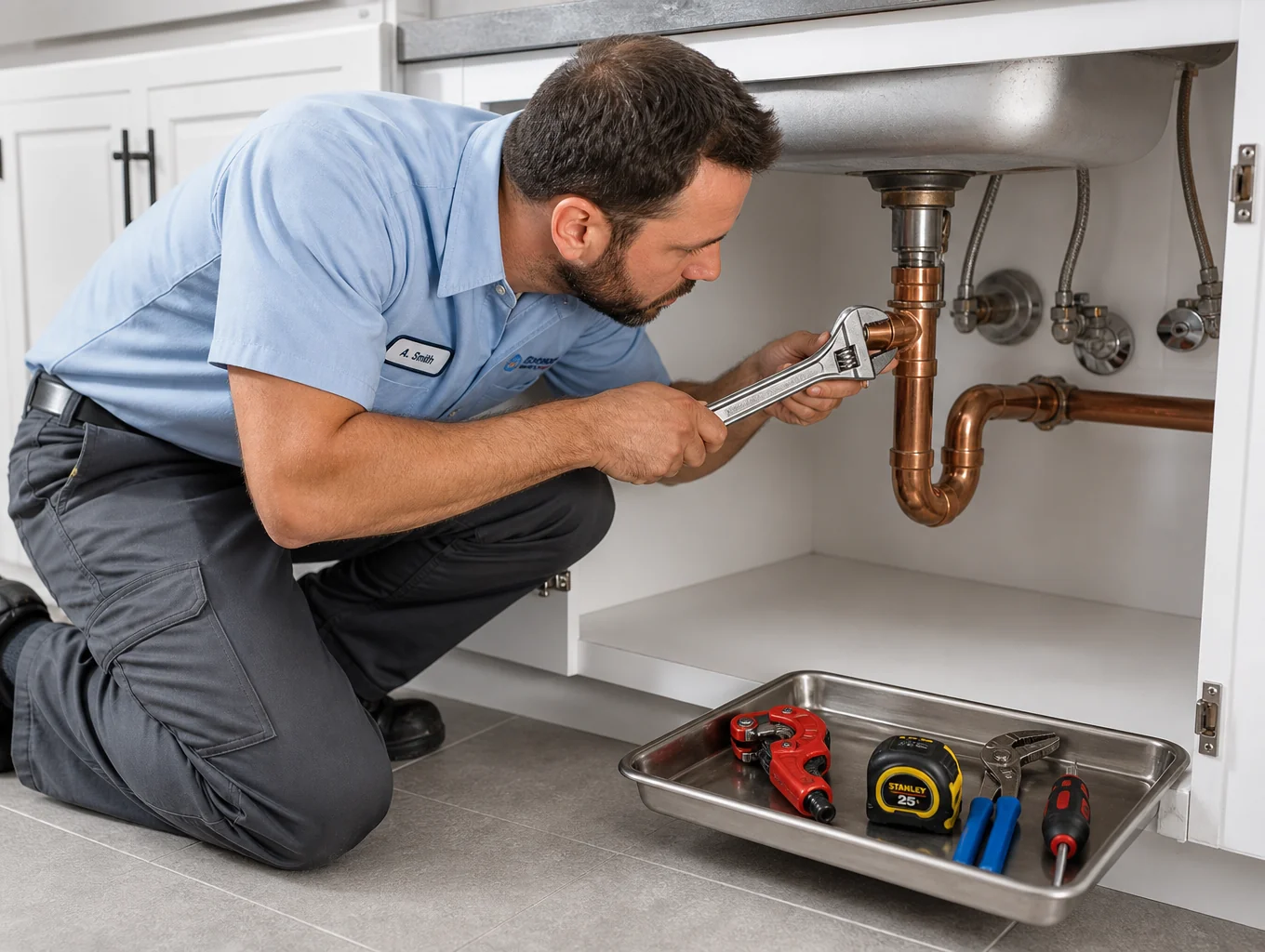 Plumber inspecting pipes and P-trap under kitchen sink