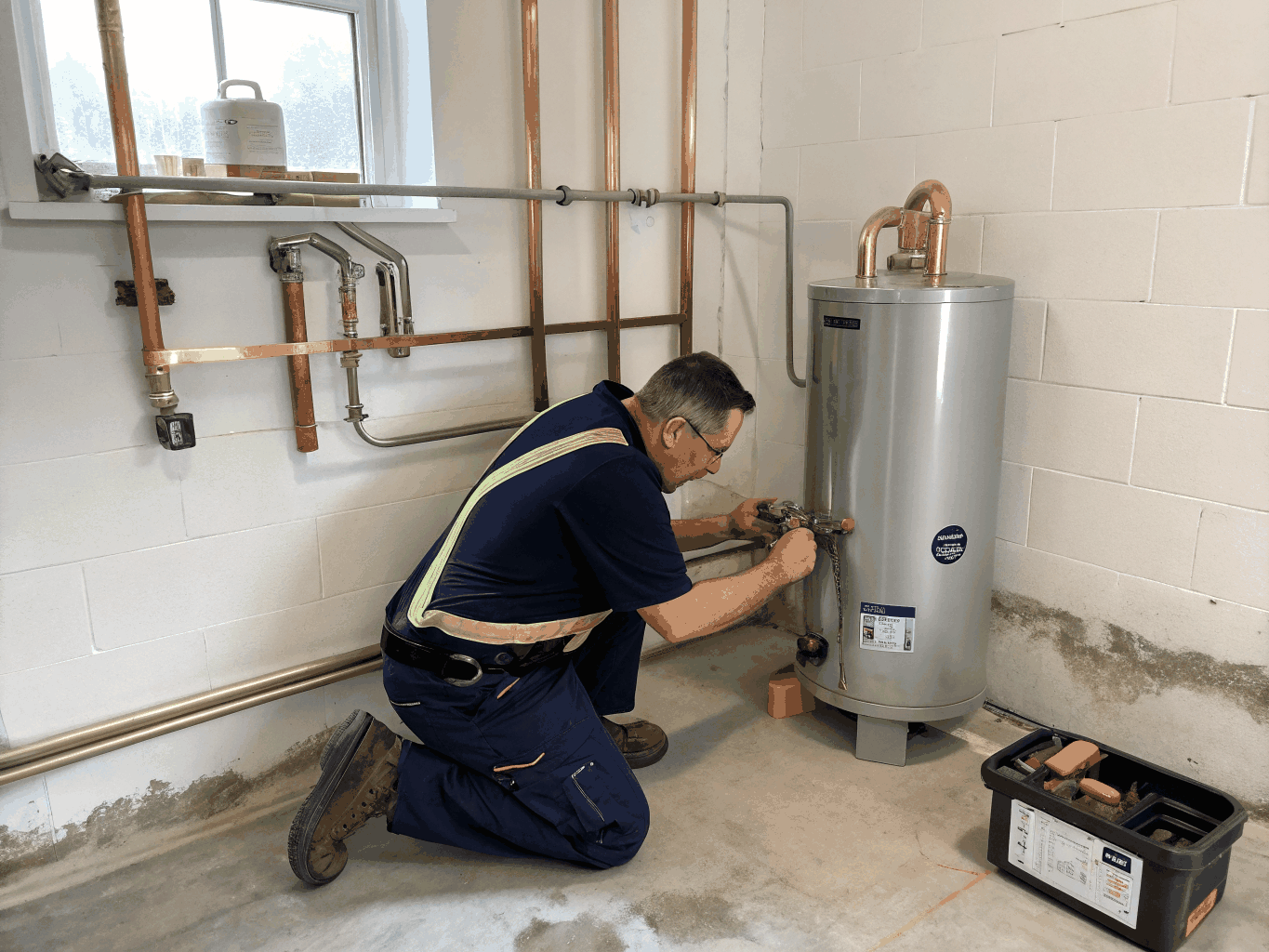 Plumbing technician troubleshooting a residential water heater system diagnostics