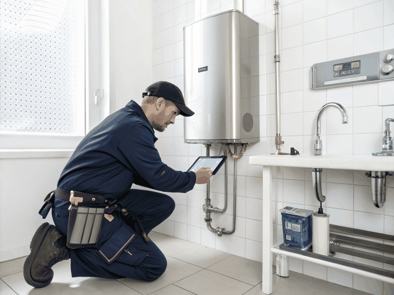 Licensed plumbing technician performing diagnostic inspection on a residential water heater unit