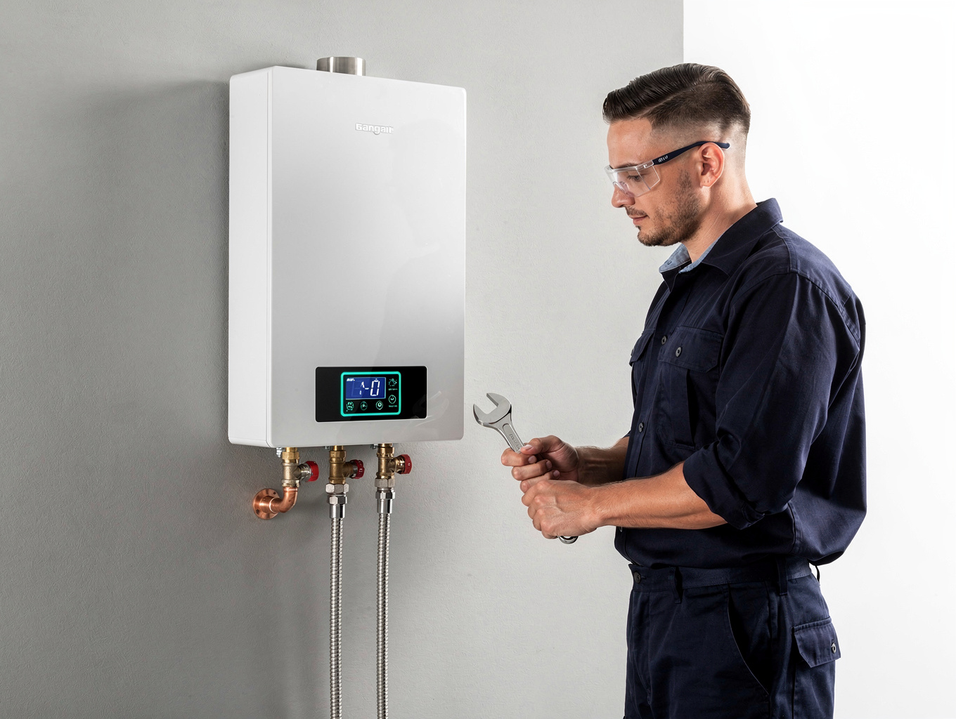 Plumbing technician testing water heater thermostat and diagnostic control panel