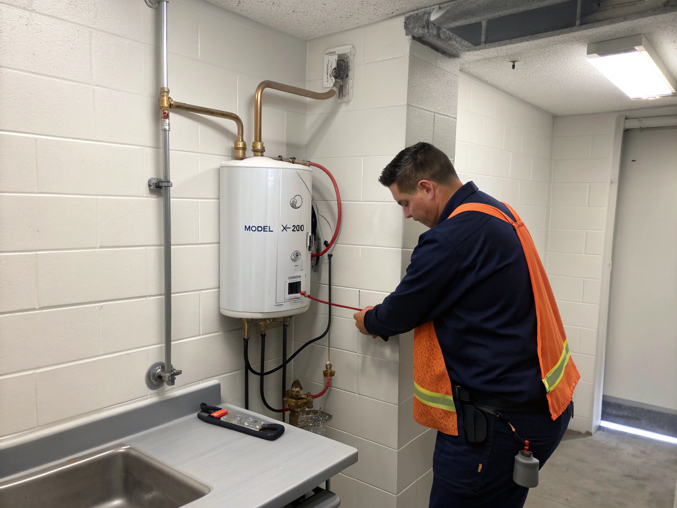Certified plumbing technician testing electrical controls and diagnosing water heater failure