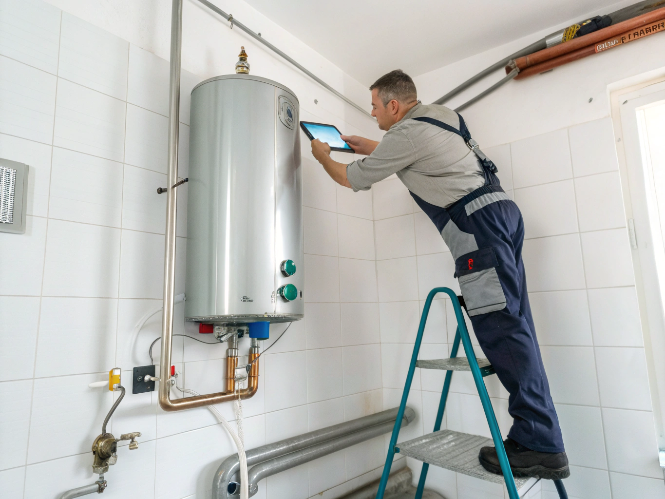 Plumber testing heating elements and inspecting hot water heater system