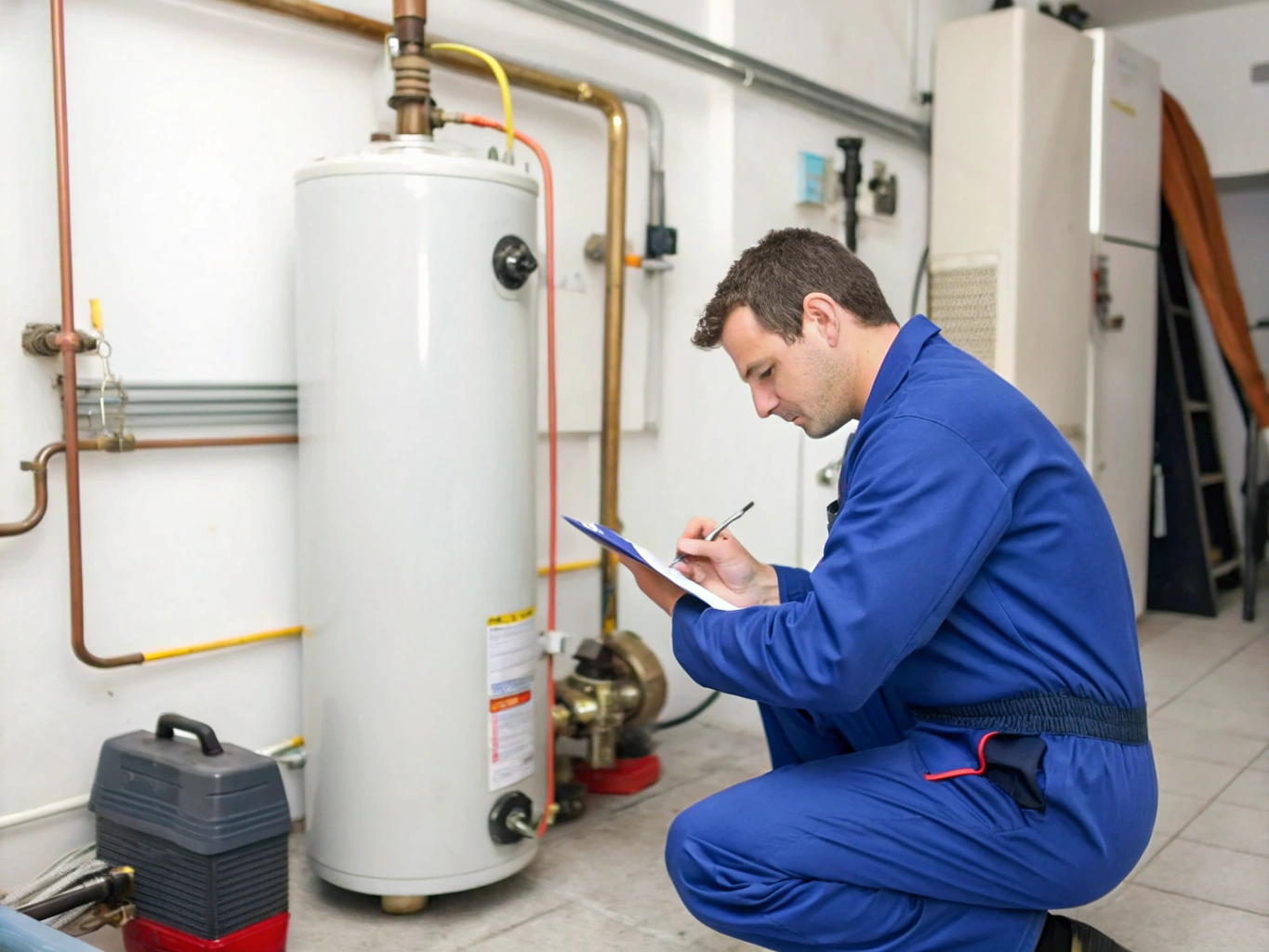 Plumbing technician testing and inspecting a gas water heater pilot light and thermocouple assembly