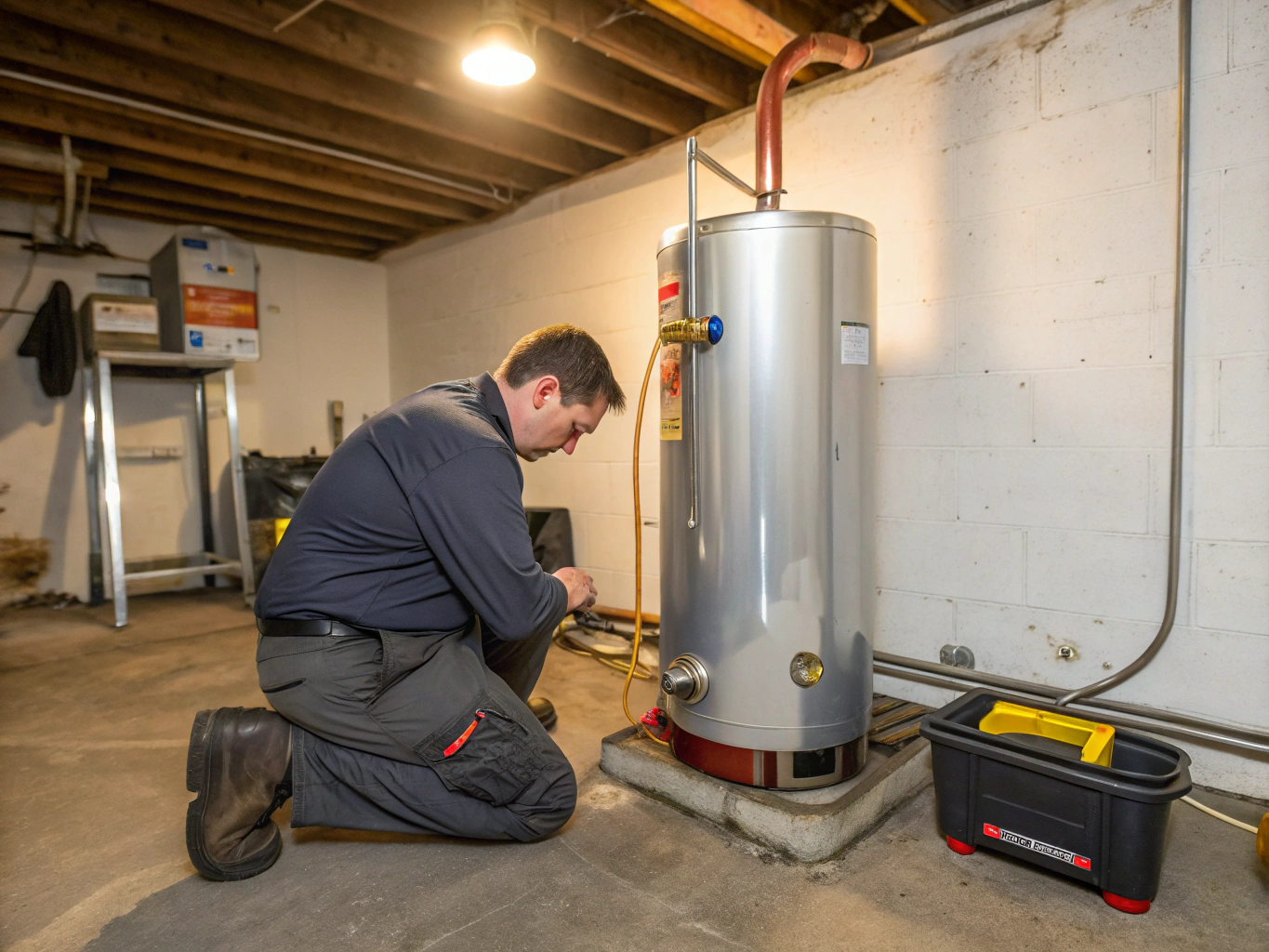 Plumber servicing home water heater unit