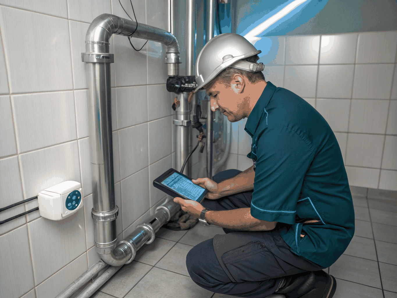 Professional plumber measuring water pressure and flow rate on a home fixture