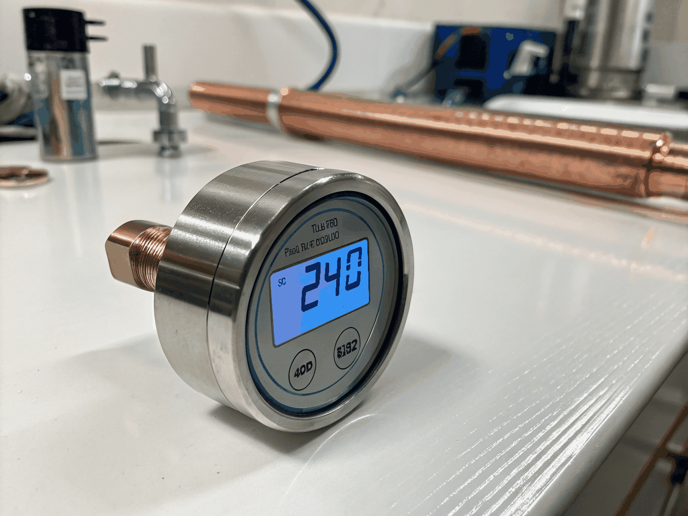 Plumbing technician testing residential water pressure gauge and pressure reducing valve diagnostics